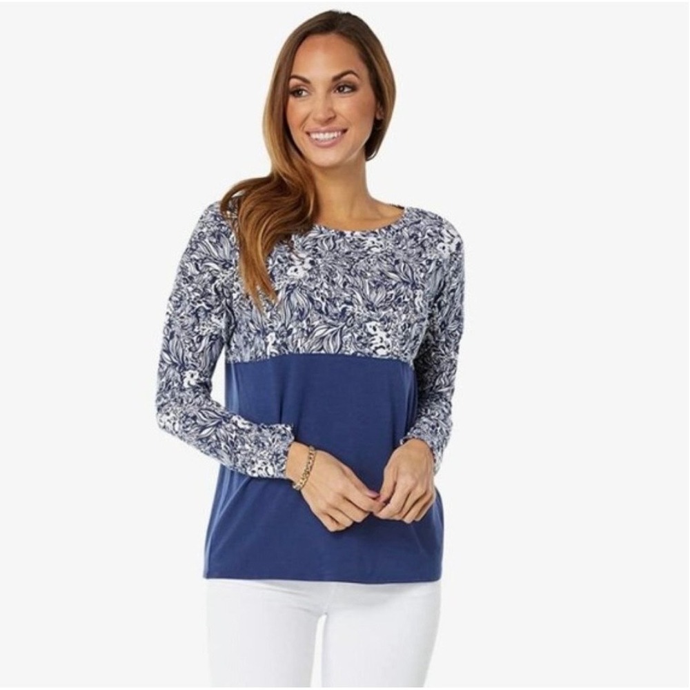 Lilly Pulitzer Women Finn Navy Blue White Knit Top Size XS Oversized Coastal EUC